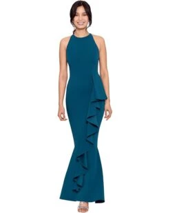 Betsy & Adam Halter Crepe Mermaid Gown