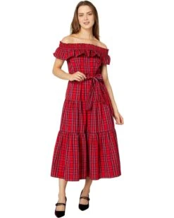 Draper James Off-the-Shoulder Tie Waist Dress In Angie Plaid