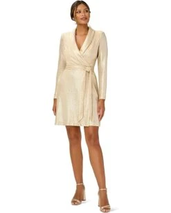 Adrianna Papell Long Sleeve Stretch Metallic Mock Wrap Tuxedo Dress