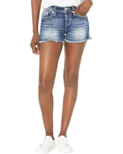 Miss Me Flower Mid Jean Shorts In Medium Blue