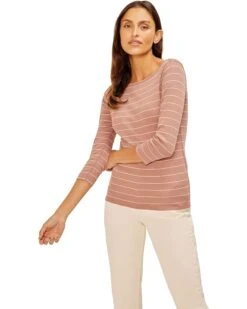 Three Dots 100% Cotton Heritage Knit 3/4 Sleeve Stripe British Tee