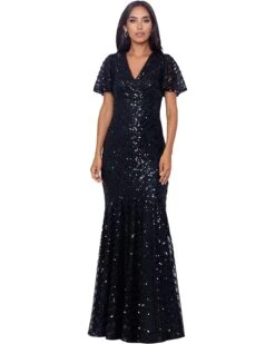 XSCAPE Short Sleeve V-Neck Dress With Sequins