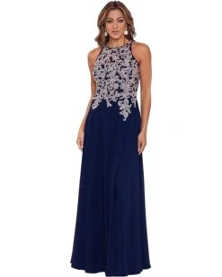 Betsy & Adam Long Embroidered Cap Sleeve Chiffon Dress