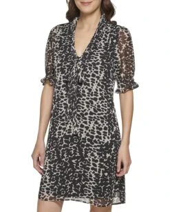 DKNY Short Sleeve Tie Neck Fit-and-Flare Dress