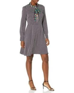 Maggy London Women's Dot Print Scarf Neck Tie Long Sleeve Fit And Flare