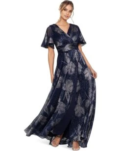 Betsy & Adam Long Flutter Sleeve Foil Print Gown