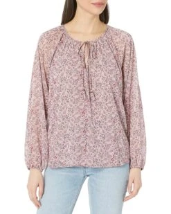 Liverpool Double Layer Long Sleeve Shirred Blouse With Neck Ties